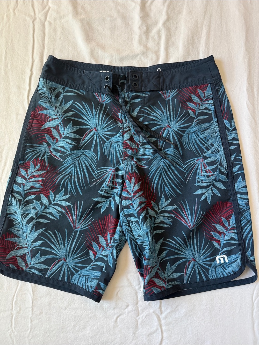 Travis Mathew Kids Tropical Swim Trunks - Navy with Teal & Maroon